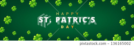 Saint Patricks Day banner with floating shamrocks and Happy St. Patricks Day text 136165002