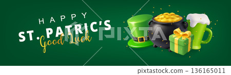 St. Patricks Day horizontal banner with festive 3D icons and golden confetti on dark green background St. Patricks Day horizontal banner with festive 3D icons and golden confetti on dark green background 136165011