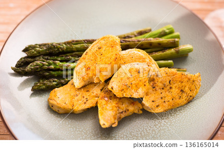 dietary meal rich in protein. Stir fried chicken breast and green asparagus 136165014