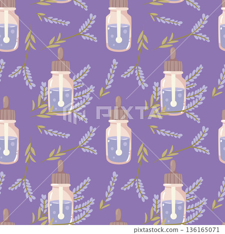 Calm lavender essential oil pattern with purple flowers and bottles. A soothing floral background for sleep aid products or relaxation gift wrap. Calm lavender essential oil pattern with purple flowers and bottles. A soothing floral background for sleep aid products or relaxation gift wrap. 136165071