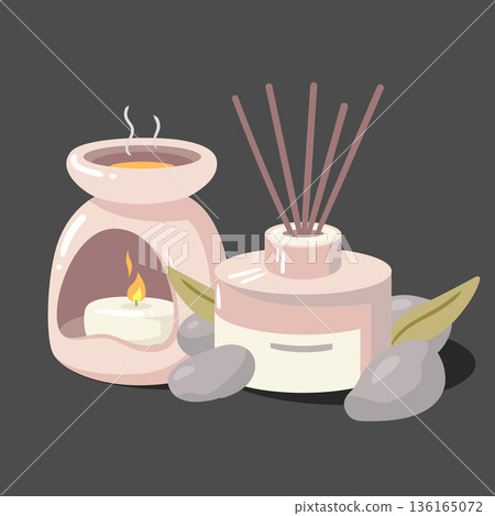 Complete aromatherapy set featuring a diffuser and oil bottles. Great for spa salon menus or wellness center promotional materials. 136165072