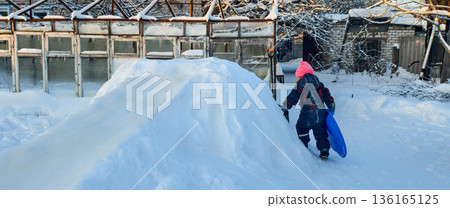 A small child with a blue snow tube climbs a large pile of snow in the yard, next to old greenhouses and outbuildings. On a sunny winter day, the child enjoys playing and having adventures outdoors. A small child with a blue snow tube climbs a large pile of snow in the yard, next to old greenhouses and outbuildings. On a sunny winter day, the child enjoys playing and having adventures outdoors. 136165125