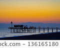 Captivating Sunset Over a Serene Beach Pier with Silhouetted Figures and Gentle Waves at Dusk 136165180