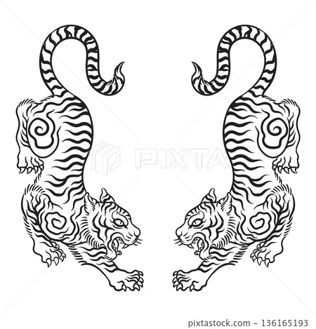 Illustration of traditional thai tiger tattoo  136165193