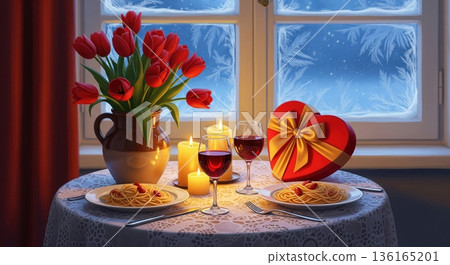 Romantic dinner with spaghetti red wine and tulips on table near frozen winter window 136165201