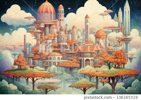 Whimsical cloud castles, floating high above the world, accessible only to dreamers - Generative AI 136165319