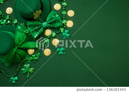 St. Patrick's day celebration with green hats and gold coins 136165343