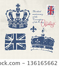 Great English symbols - English crown, union jack . Ink stamps vector illustration with post mark. Set of elements for 3d Kings coronation anniversary. 136165662