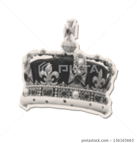 Halftone collage sticker of Dimond British crown in pop art style. Torn out crown in retro dotted style. Trendy vector mixed media design element. Side view Halftone collage sticker of Dimond British crown in pop art style. Torn out crown in retro dotted style. Trendy vector mixed media design element. Side view 136165663