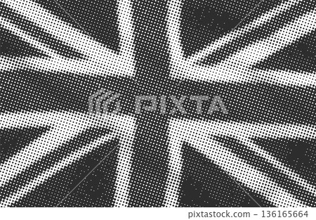 Black and white monochrome Great Britain UK flag Grunge dotted halftone texture. Grungy United Kingdom background. Vector union jack 136165664