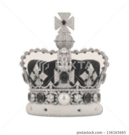 Black and white vintage paper sticker of UK crown in halftone effect. Elements for retro collage. Mixed media style. Vector trendy illustration on transparent background. Front view Black and white vintage paper sticker of UK crown in halftone effect. Elements for retro collage. Mixed media style. Vector trendy illustration on transparent background. Front view 136165665