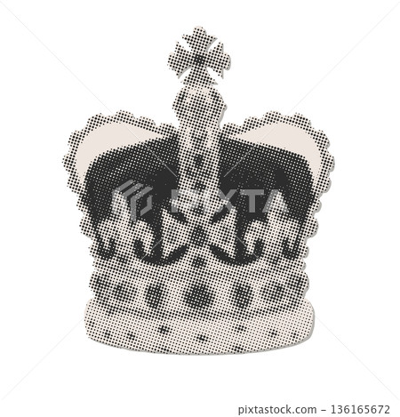 English Crown with retro dotted halftone effect. Single Paper sticker with Vintage halftone dots and distressed effect in retro pop art style. Trendy retro grunge collage element. Vector English Crown with retro dotted halftone effect. Single Paper sticker with Vintage halftone dots and distressed effect in retro pop art style. Trendy retro grunge collage element. Vector 136165672