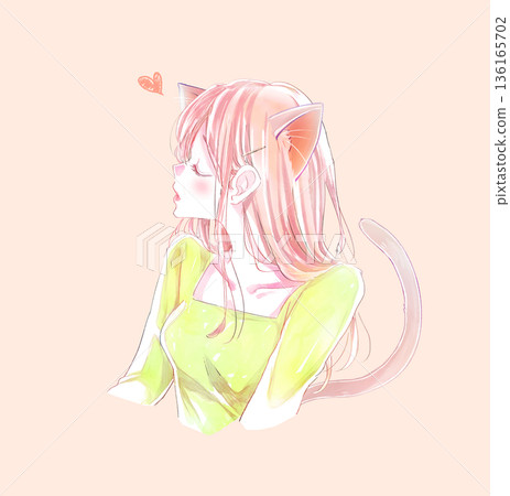 Woman kissing face, profile, cat ears 136165702