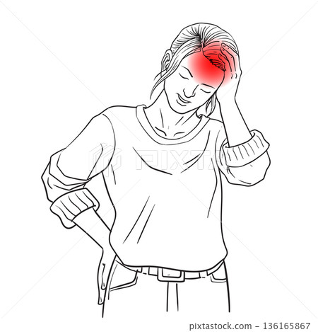 Migraine. Outline drawing of a girl holding her head Migraine. Outline drawing of a girl holding her head 136165867