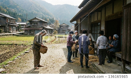 A lonely elderly man is ignored by the women of the village who gather together to work. 136165985
