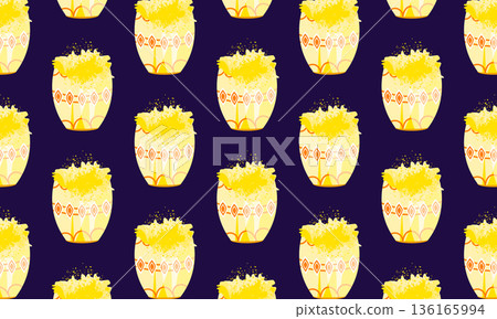 Holi festival pattern background with yellow dry powder in buckets and traditional ornament illustration Holi festival pattern background with yellow dry powder in buckets and traditional ornament illustration 136165994