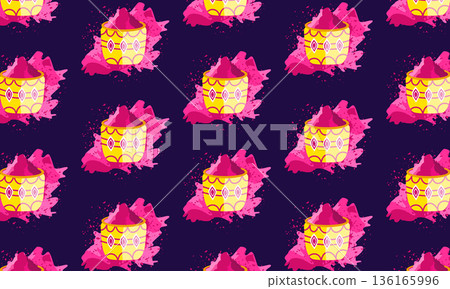 Holi festival pattern background with pink dry powder in buckets illustration 136165996