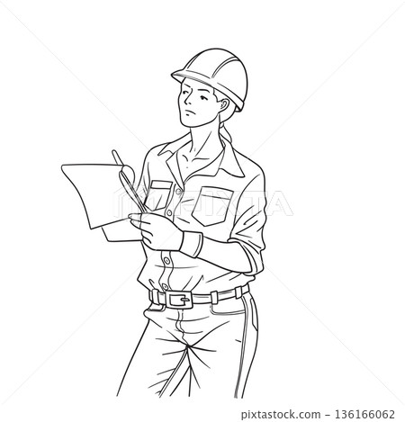 female civil engineer and clipboard line art drawing sketch 136166062