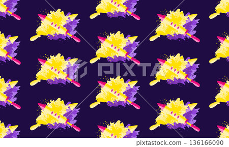 Holi festival pattern background with purple and yellow dry powder and pichkari illustration Holi festival pattern background with purple and yellow dry powder and pichkari illustration 136166090