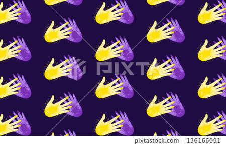 Holi festival pattern background with painted hands in yellow and purple dry powder illustration Holi festival pattern background with painted hands in yellow and purple dry powder illustration 136166091