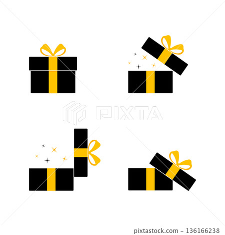 Set of black gift box icons with yellow ribbon, without background. 136166238