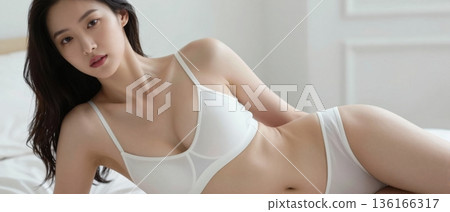 Young woman in white lingerie relaxing on bed in bright bedroom minimalist lifestyle and fashion concept 136166317