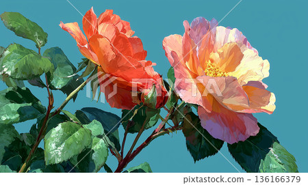 一幅以繪畫風格繪製的兩朵玫瑰花插圖。華麗優雅的花卉藝術背景素材。 136166379