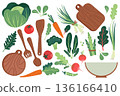 Vegetable set. Hand-drawn colorful vegetables and salad. Healthy organic food. Shop fair design. Healthy harvest in a simple flat style. 136166410