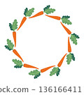Round carrot frame. Hand-drawn colorful harvest and lettuce leaves. Healthy organic food. Fresh, healthy vegetables. 136166411