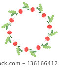 Round frame with radishes. Hand-drawn colorful harvest and lettuce leaves. Healthy organic food. Fresh, healthy vegetables. 136166412