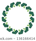 Round frame with broccoli. Hand-drawn colorful harvest and lettuce leaves. Healthy organic food. Fresh, healthy vegetables. 136166414