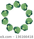 Round frame with cabbage. Hand-drawn colorful harvest and lettuce leaves. Healthy organic food. Fresh, healthy vegetables. 136166418