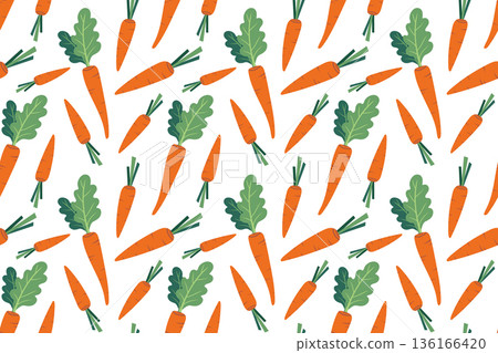 Seamless carrot pattern. Hand-drawn colorful lettuce and vegetable leaves. Healthy organic produce. Fresh, healthy vegetables. 136166420