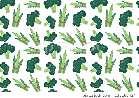 Seamless pattern with broccoli and asparagus. Hand-drawn colorful lettuce and vegetable leaves. Healthy organic produce. Fresh, healthy vegetables. Seamless pattern with broccoli and asparagus. Hand-drawn colorful lettuce and vegetable leaves. Healthy organic produce. Fresh, healthy vegetables. 136166424