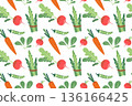 Seamless pattern with carrots and radishes. Hand-drawn colorful lettuce and vegetable leaves. Healthy organic produce. Fresh, healthy vegetables. 136166425