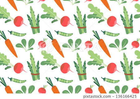 Seamless pattern with carrots and radishes. Hand-drawn colorful lettuce and vegetable leaves. Healthy organic produce. Fresh, healthy vegetables. Seamless pattern with carrots and radishes. Hand-drawn colorful lettuce and vegetable leaves. Healthy organic produce. Fresh, healthy vegetables. 136166425