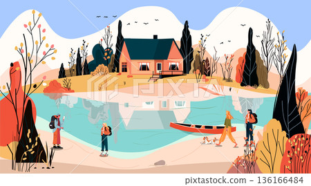 Travel adventure nature landscape people hiking lake cabin autumn forest trees mountains colorful outdoor scene template 136166484