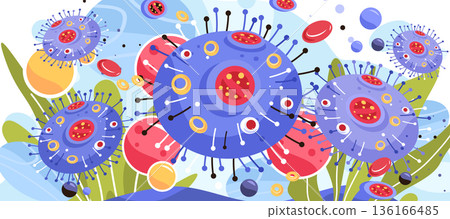 Virus bacteria pathogen infection disease anatomy concept colorful microscopic cells floating abstract medical background Virus bacteria pathogen infection disease anatomy concept colorful microscopic cells floating abstract medical background 136166485