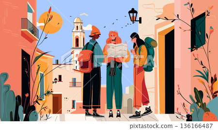 Young travelers exploring city map urban street colorful buildings plants backpacks sunny day adventure tourism concept website banner 136166487