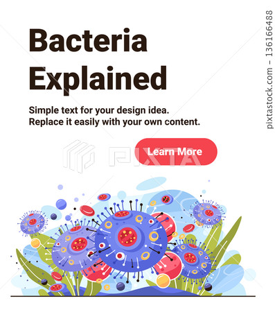 Bacteria explained medical concept colorful microbes abstract shapes floating surrounded by organic elements blue background website banner 136166488
