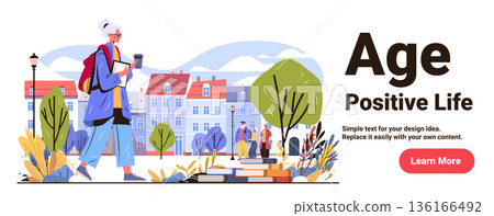 Active senior woman walking city park books coffee urban landscape elderly people outdoor trees buildings colorful flat website banner 136166492