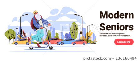 Modern seniors active lifestyle elderly man riding electric scooter city street urban background colorful cars trees buildings website banner Modern seniors active lifestyle elderly man riding electric scooter city street urban background colorful cars trees buildings website banner 136166494