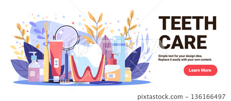 Tooth dental care hygiene products toothbrush toothpaste anatomical tooth diagram magnifying glass leaves clean background banner template 136166497