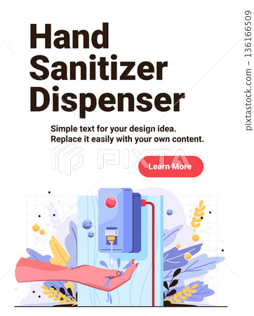 Hand sanitizer dispenser hygiene prevention infection hand using wall mounted device liquid drops abstract medical background healthcare concept 136166509