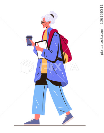 Active senior woman walking urban lifestyle modern elderly holding coffee cup tablet wearing casual clothes backpack white background 136166511
