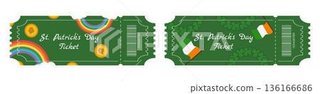 Set of green Saint Patrick Day festival tickets with rainbows gold coins Ireland flag and shamrock decorations Set of green Saint Patrick Day festival tickets with rainbows gold coins Ireland flag and shamrock decorations 136166686