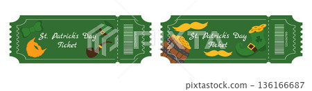 Set of green Saint Patrick Day festival tickets with barrel of gold shamrocks beard hat boots bows mustache and pipe Set of green Saint Patrick Day festival tickets with barrel of gold shamrocks beard hat boots bows mustache and pipe 136166687