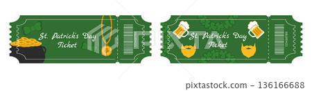 Set of green Saint Patrick Day festival tickets with pot of gold beer shamrocks beads and decorations Set of green Saint Patrick Day festival tickets with pot of gold beer shamrocks beads and decorations 136166688