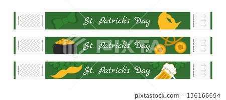 Set of green festival wristbands for St Patricks Day with shamrocks pot of leprechaun gold beard and decorative elements Set of green festival wristbands for St Patricks Day with shamrocks pot of leprechaun gold beard and decorative elements 136166694