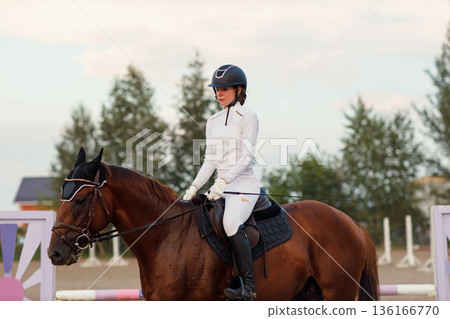Dressage horse and rider in uniform during equestrian jumping competition Dressage horse and rider in uniform during equestrian jumping competition 136166770